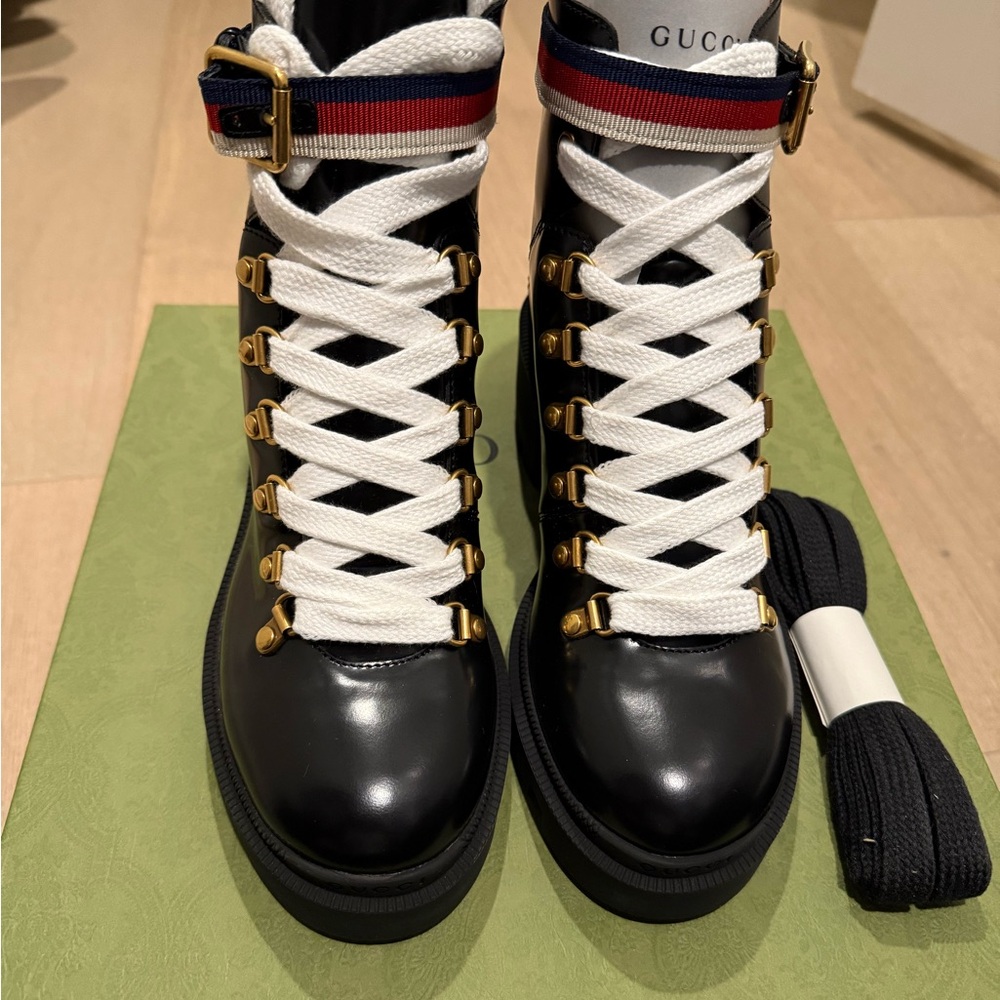 Gucci Black Lace-Up Boots with Gold Details